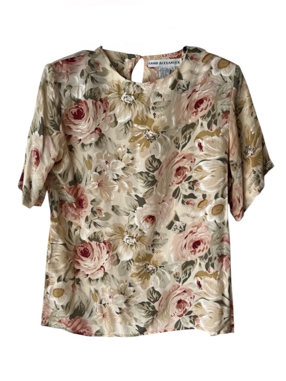 VINTAGE Annie Alexander 100% silk floral short sleeve blouse size small like new